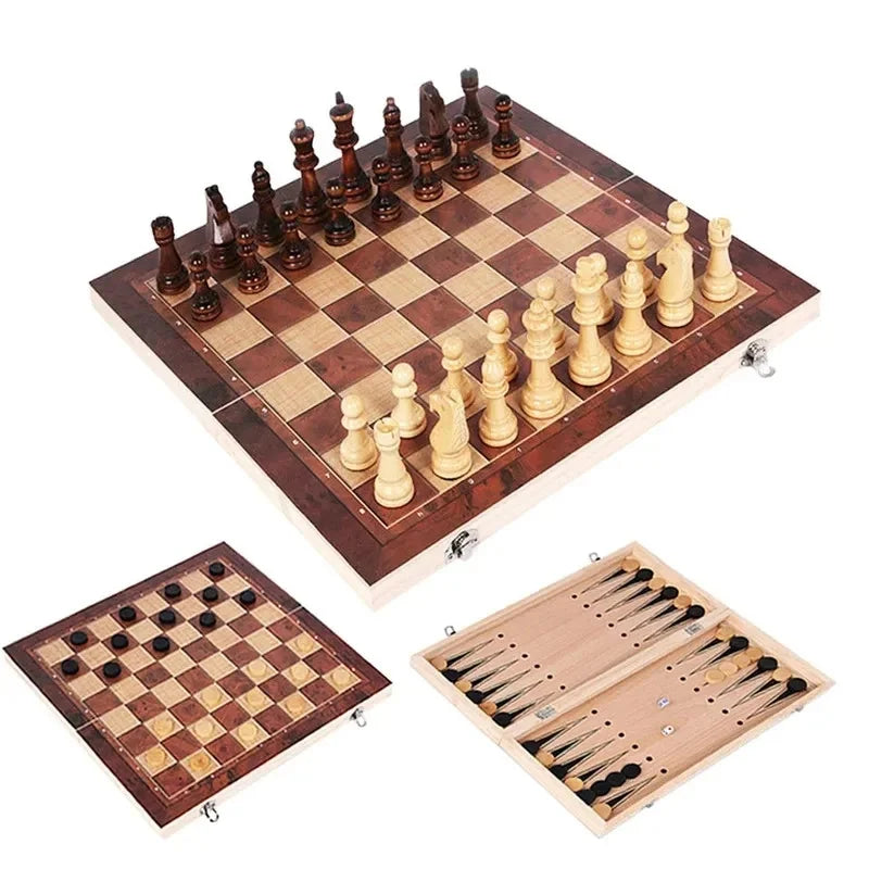 New 3 in 1 Portable Wooden Chess Set - Folding Travel International Chess, Checkers, Backgammon Board Game with Storage Case