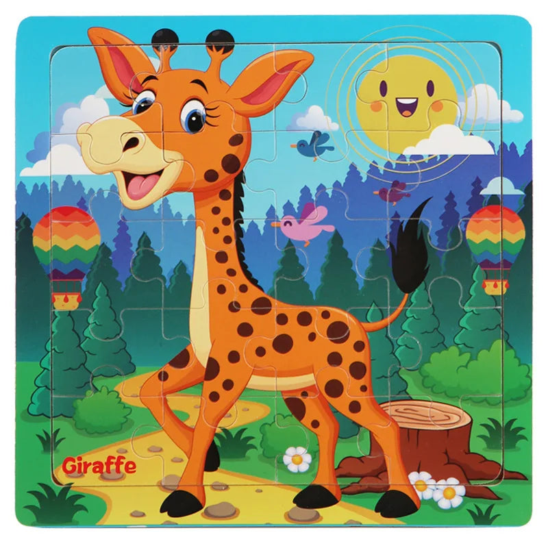 New 20 Piece Wooden 3d Puzzle Cartoon Animal Vehicle Jigsaw Puzzle Montessori Educational Toys For Kids Baby 1 2 3 Years