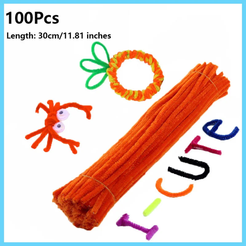 100pcs Colorful Chenille Stems Pipe Cleaners Plush Tinsel Stem Wired Twist Sticks Hair Strip Craft DIY Educational Toys Handmade