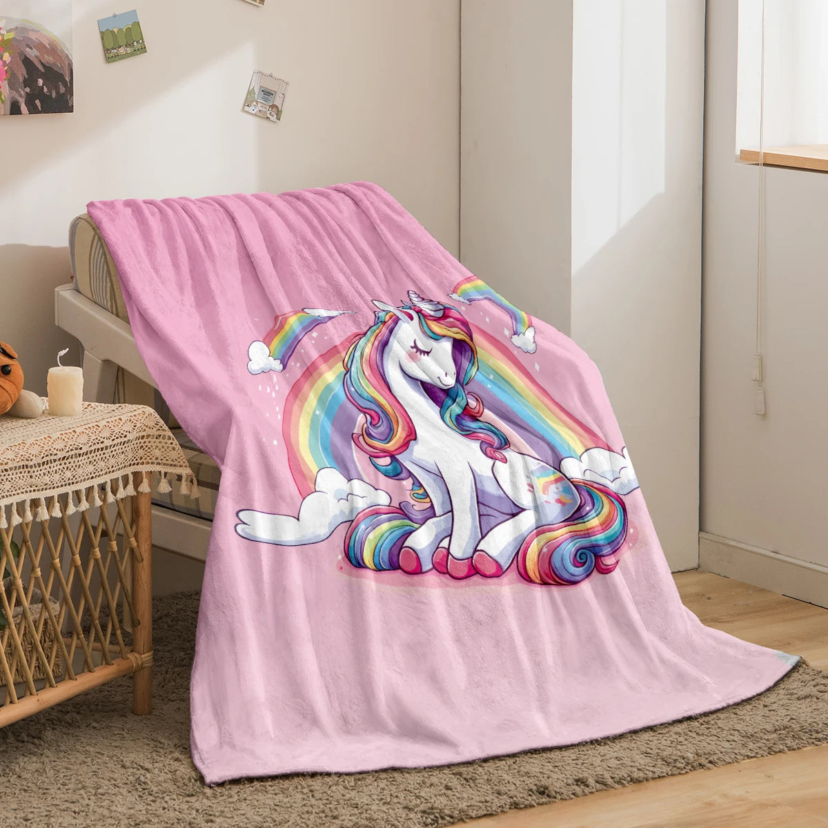 1PC cartoon unicorn and rainball pattern printed blanket, suitable for sofas, beds, travel, camping chairs, warm plush blanket