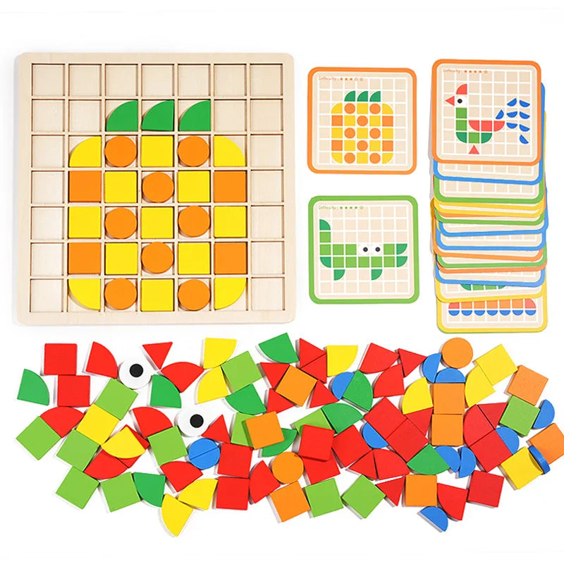 Wooden Pattern Blocks 120PCS Mosaic Puzzle Montessori Early Childhood Educational Puzzle Intelligence Game Gift For Children