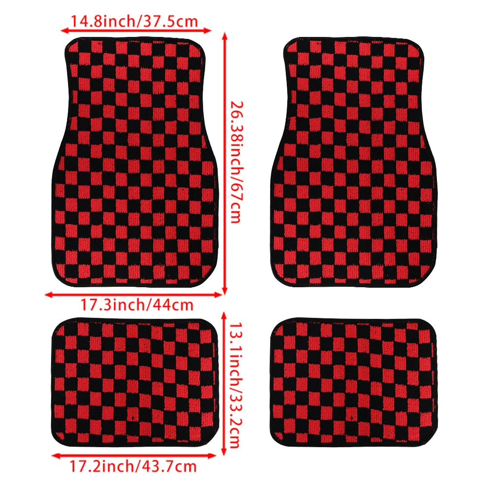 4Pcs JDM Racing  Plush Floor Mat Checkers Vehicle Front Rear Carpets Universal Car Floor Carpet Rugs Non-Slip Car Decoration