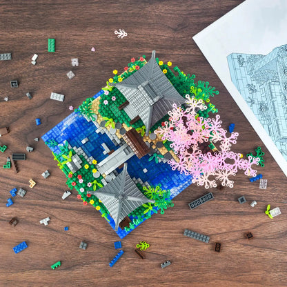Cherry Blossom Micro Blocks: Chinese Courtyard Model Kits with Peach Pond for Collectors
