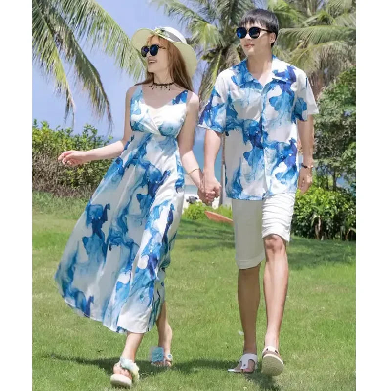Holiday Resort Family Matching Blue Clothes Vacation Look Daughter Mom Dress Father and Son Beach Tops + Shorts 2 Piece Outfits