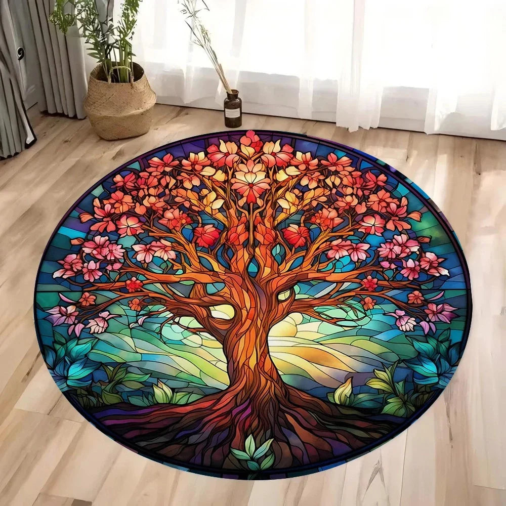 Tree of Life Round Rug Nature Mandala Rug Ancient Spiritual Decor Carpet Meditation Space Rug Washable and Non Slip Floor Mat