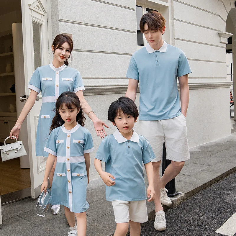2025 Summer Family Bule Clothes Mother Daughter Matching Dress Father and Son Polo Shirts Shorts Outfits Brother Sister Clothing