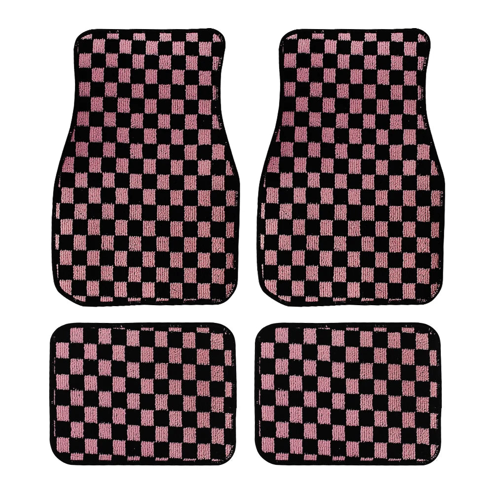 4Pcs JDM Racing  Plush Floor Mat Checkers Vehicle Front Rear Carpets Universal Car Floor Carpet Rugs Non-Slip Car Decoration