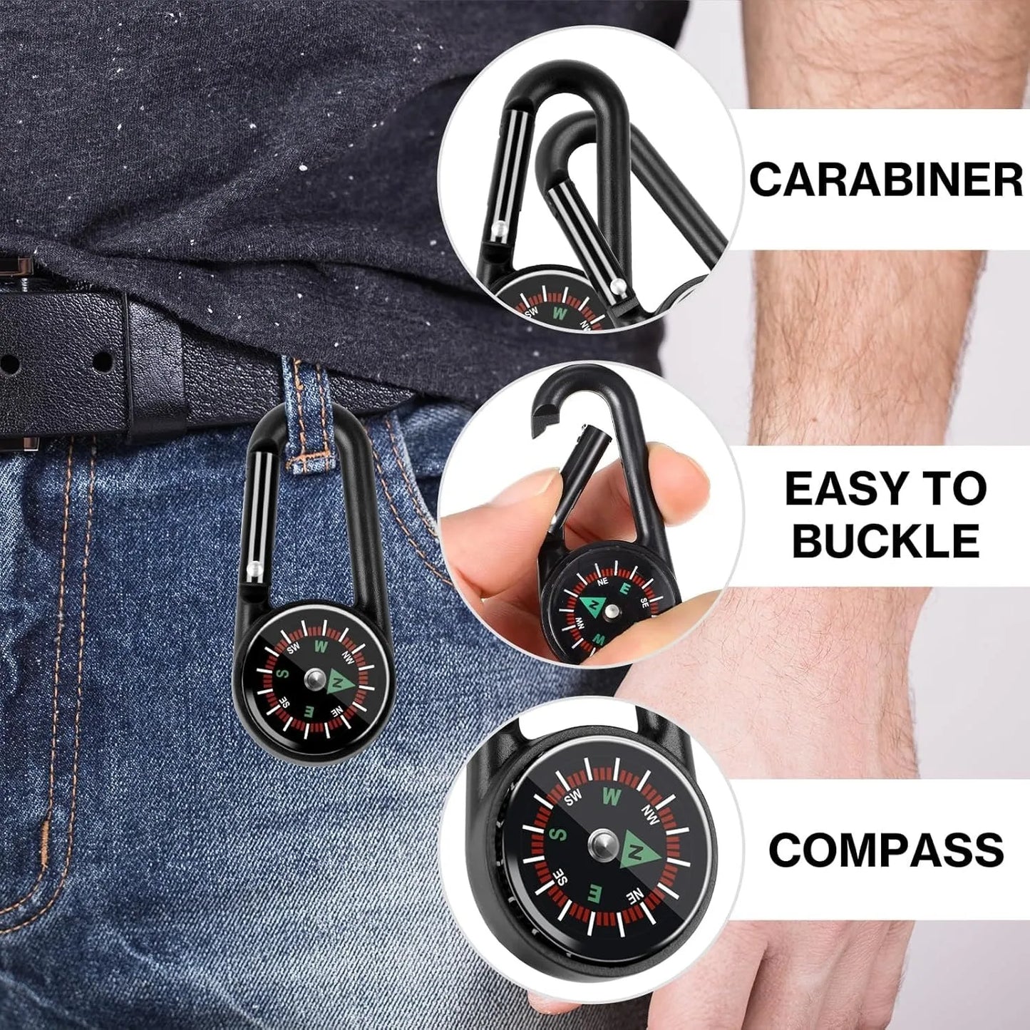 1 Pc Compass Thermometer Carabiner 3 in 1 Mini Compass Carabiner Clip Outdoor Hiking Survival Key Ring Double Sided Metal