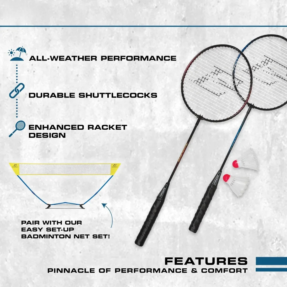 2 Player Badminton Racket Set; 2 Rackets with Steel Shafts, 2 Shuttlecock Birdies
