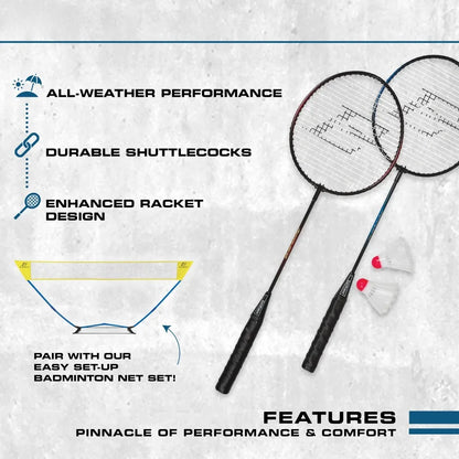 2 Player Badminton Racket Set; 2 Rackets with Steel Shafts, 2 Shuttlecock Birdies
