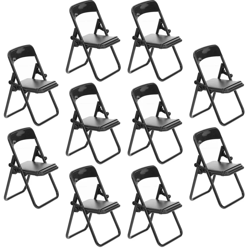 10Pcs Black Mini Folding Chair Phone Stand Miniature Furniture Educational Supplies Micro Decor Tiny Prop Cellphone Holder Mini