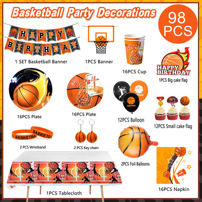 Basketball Birthday Decorations,98pcs Basketball Party Supplies and Decorations Set -Balloons Banner Tablecloth Plates ect