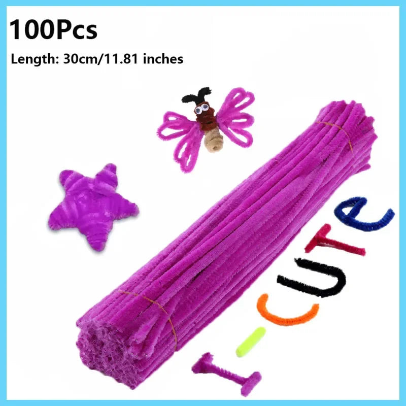 100pcs Colorful Chenille Stems Pipe Cleaners Plush Tinsel Stem Wired Twist Sticks Hair Strip Craft DIY Educational Toys Handmade