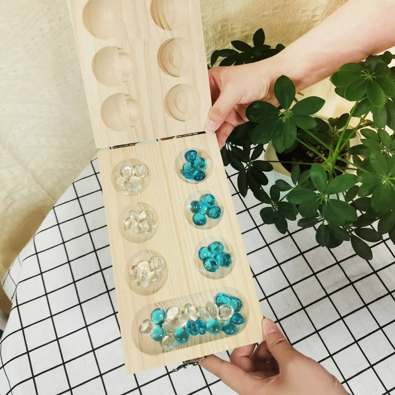 Authentic Wooden Mancala Board Game - Handcrafted Traditional African Mancala Set with Beads