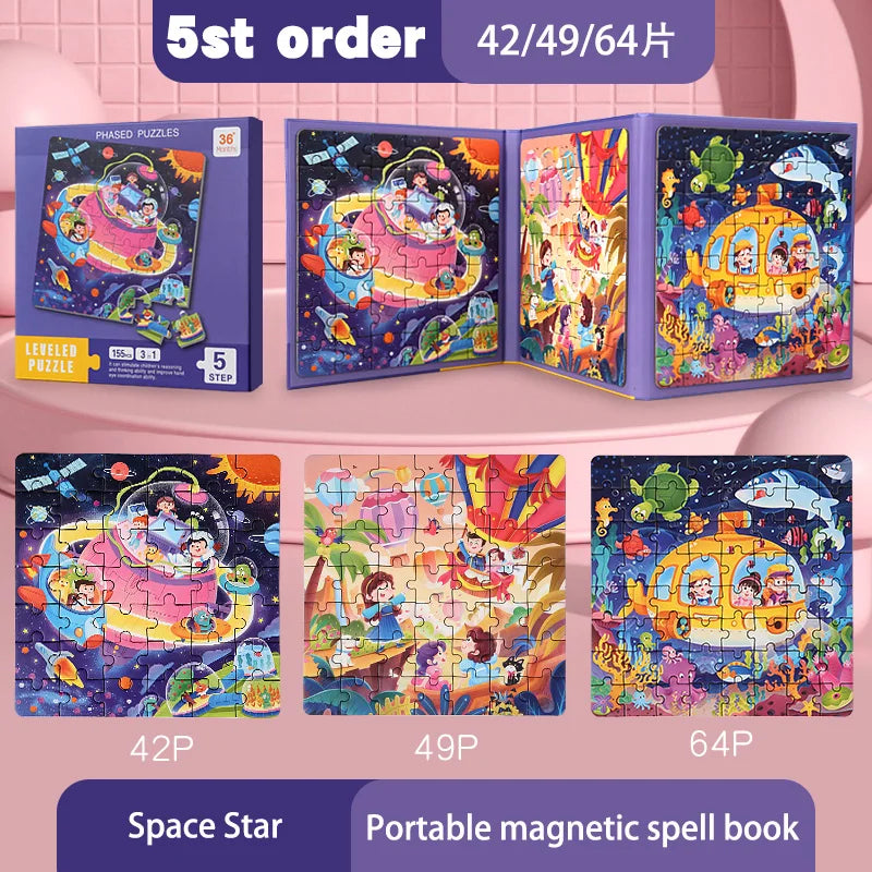 Kids Magnetic Wooden Puzzle Cartoon Pattern Busy Quiet Book Jigsaw Puzzles Game Kids Montessori Educational Toys for Children