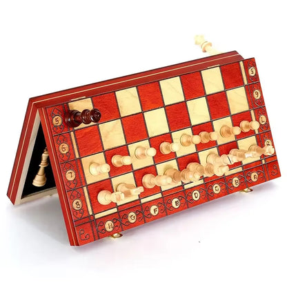 Folding Wooden Portable Chess Game Board Wooden Chess Board for Adults(Chess + Checkers and Backgammon)