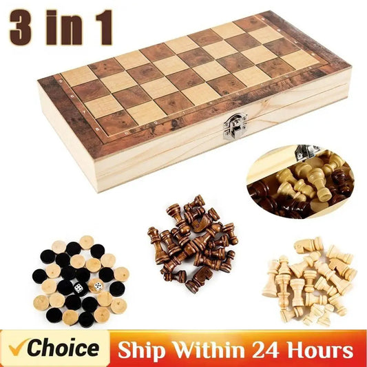 3 in 1 Chess Game Board Folding Storage Wooden Chess Board Sets Exquisite Chess Set Chess and Checkers Game Set for Adult Kids