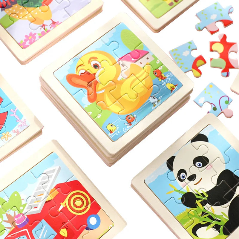 New 9piece Wooden 3d Puzzle Cartoon Animal Vehicle Intelligence Jigsaw Puzzle Game Montessori Educational Toys for Children