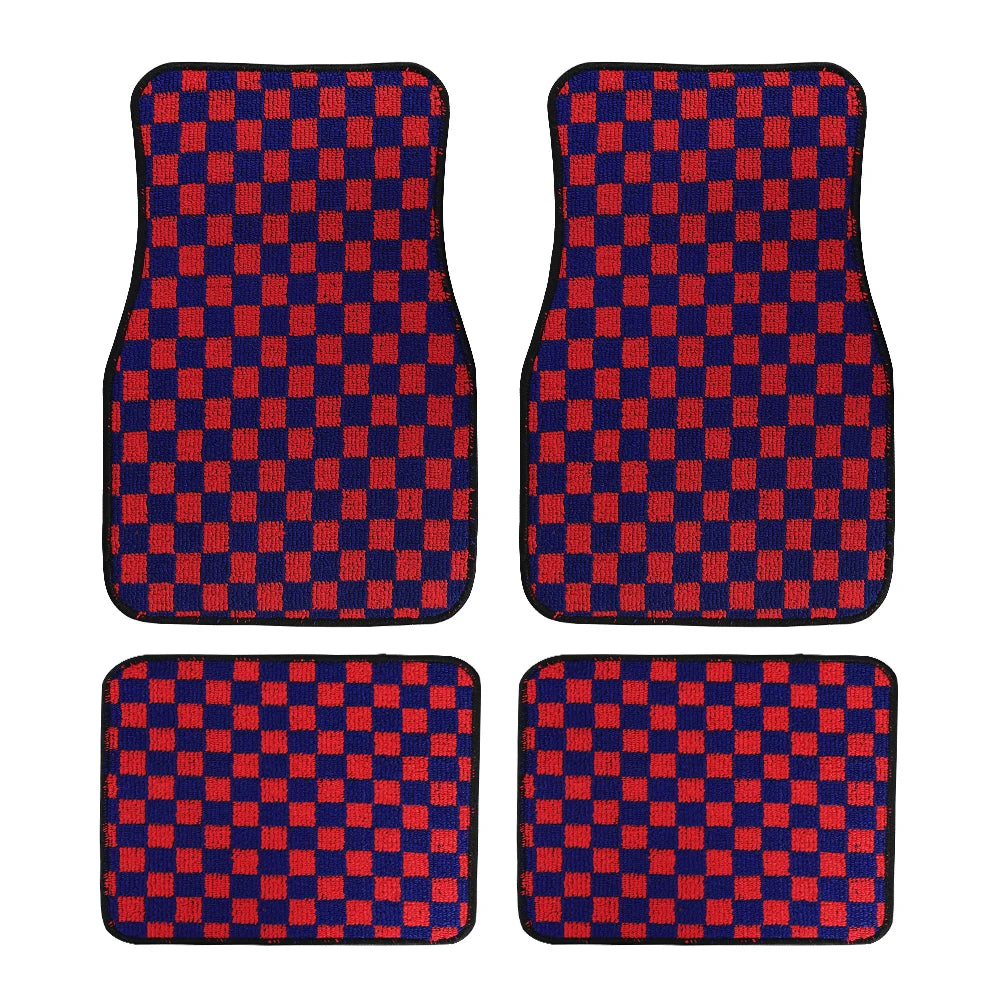 4Pcs JDM Racing  Plush Floor Mat Checkers Vehicle Front Rear Carpets Universal Car Floor Carpet Rugs Non-Slip Car Decoration