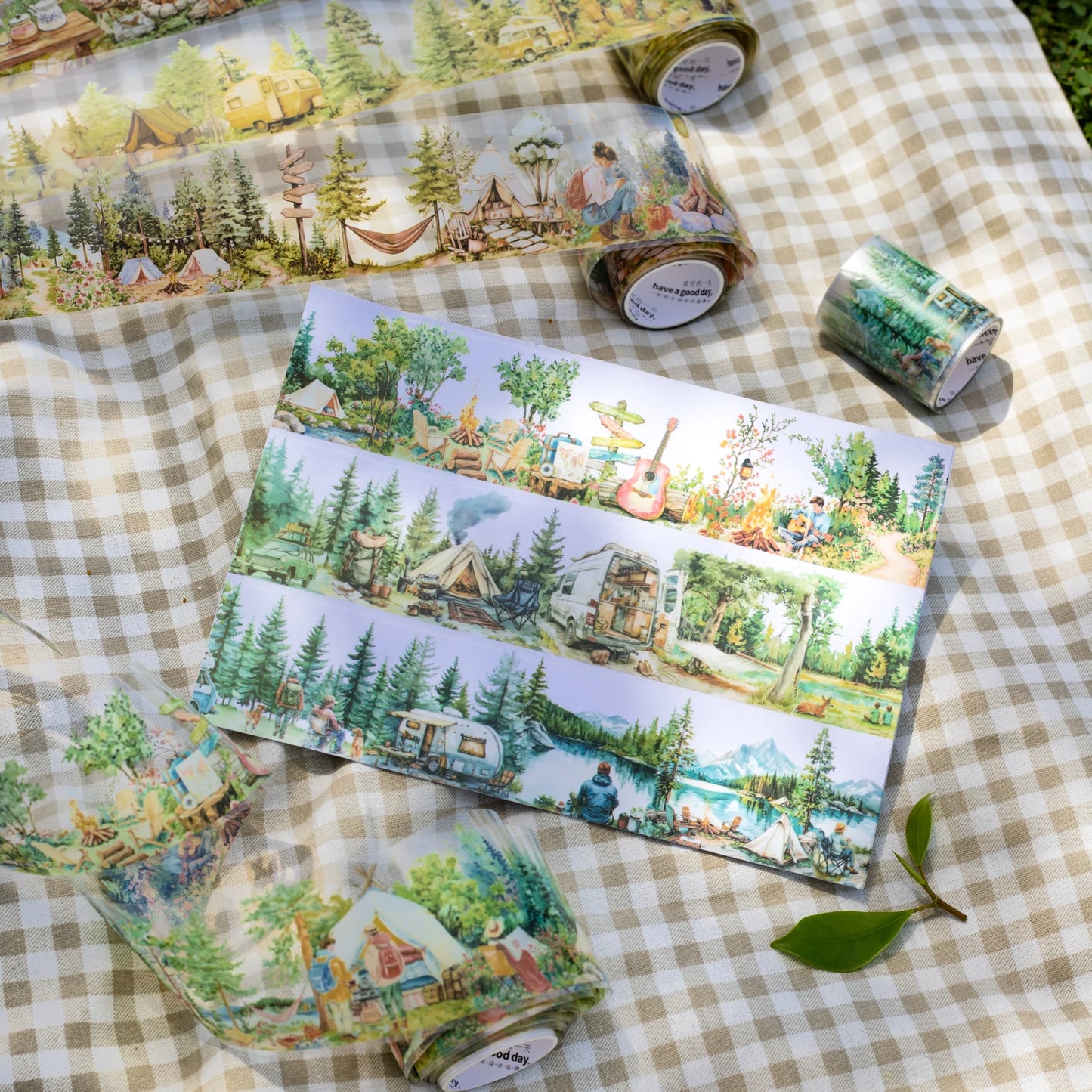 1 Roll Nature Camping Theme Scenic PET Tape for Scrapbooking DIY Collage Material Phone Case Notebook Decoration