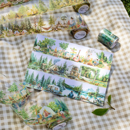1 Roll Nature Camping Theme Scenic PET Tape for Scrapbooking DIY Collage Material Phone Case Notebook Decoration