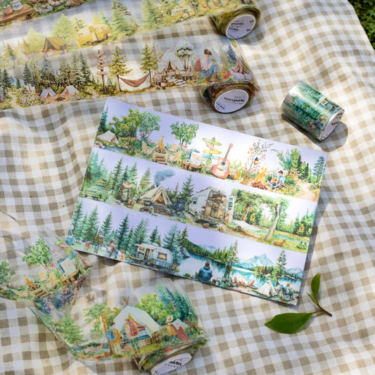 1 Roll Nature Camping Theme Scenic PET Tape for Scrapbooking DIY Collage Material Phone Case Notebook Decoration