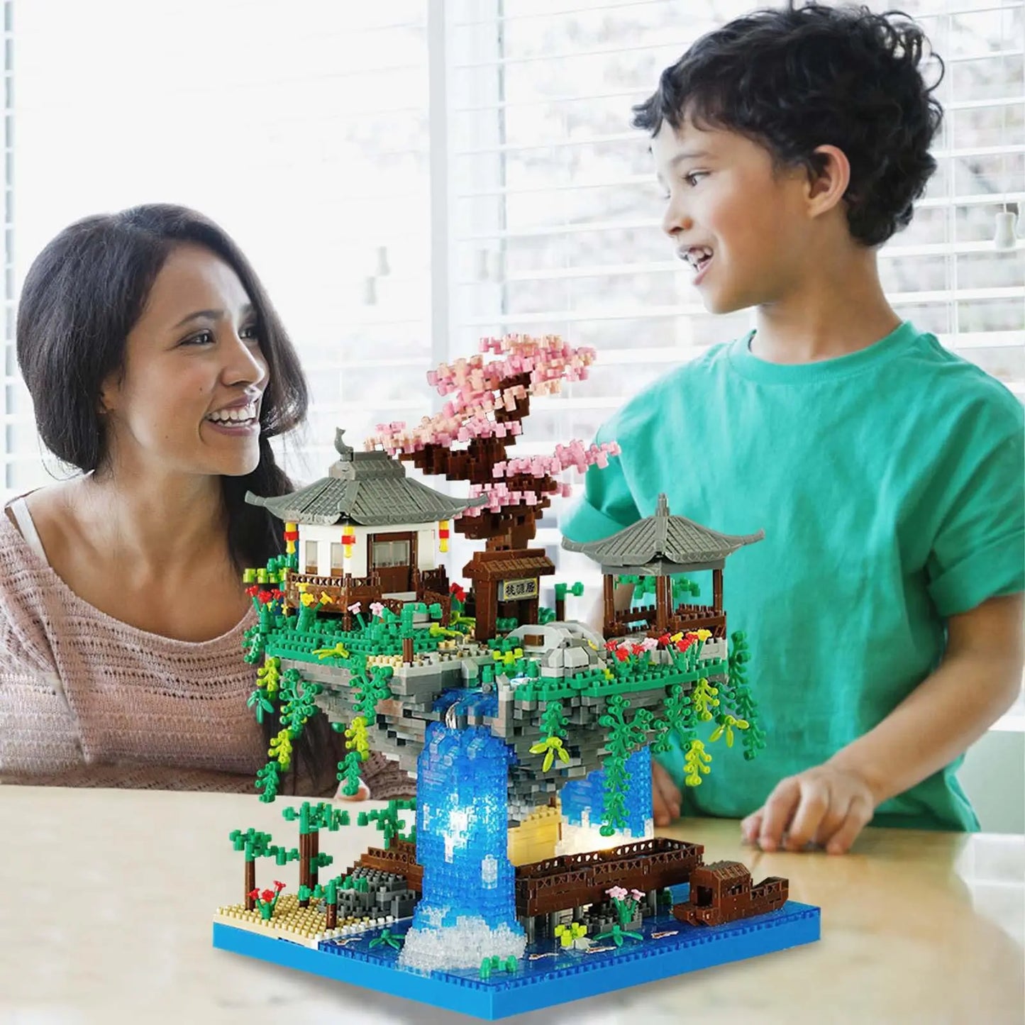 Cherry Blossom Micro Blocks: Chinese Courtyard Model Kits with Peach Pond for Collectors