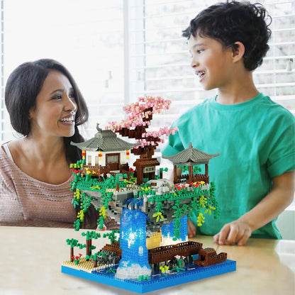 Cherry Blossom Micro Blocks: Chinese Courtyard Model Kits with Peach Pond for Collectors
