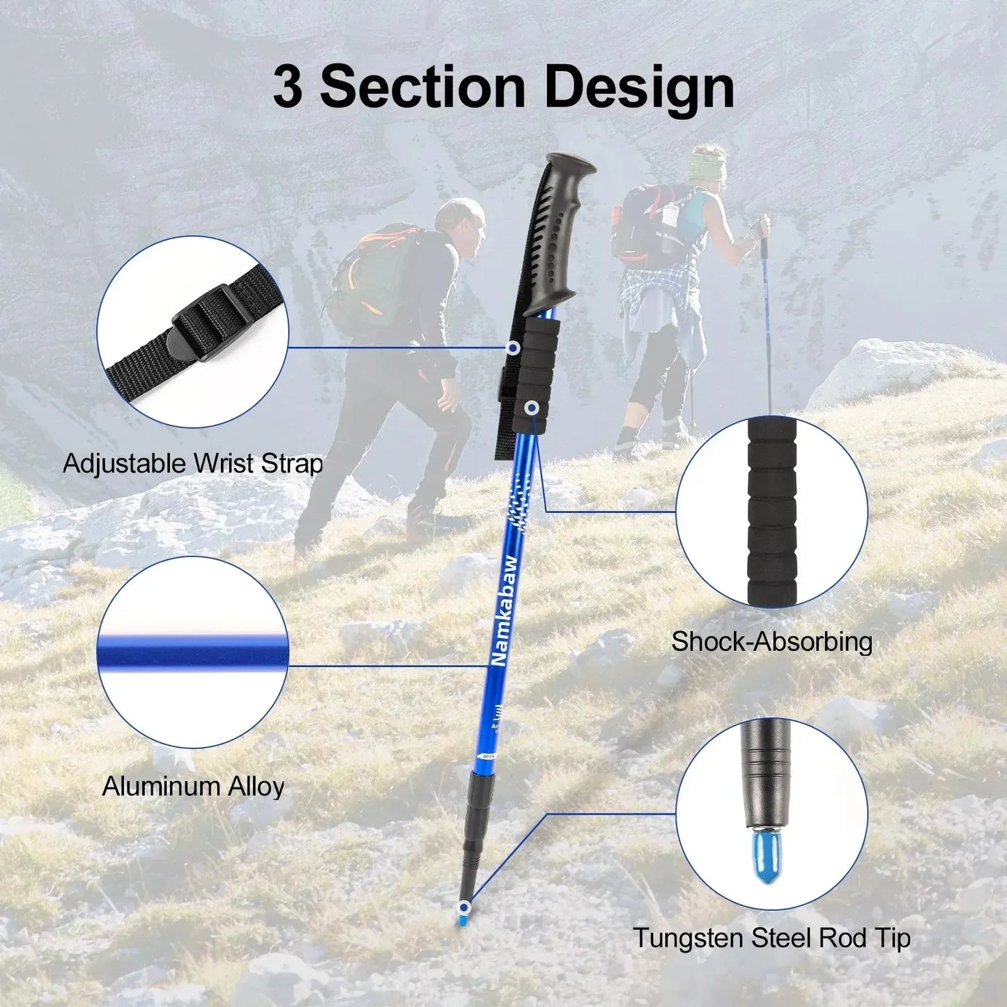 Ultralight Adjustable Trekking Poles 3-Section Aluminum Alloy Nordic Walking Sticks Telescopic Non-Slip for Men And Women Hiking