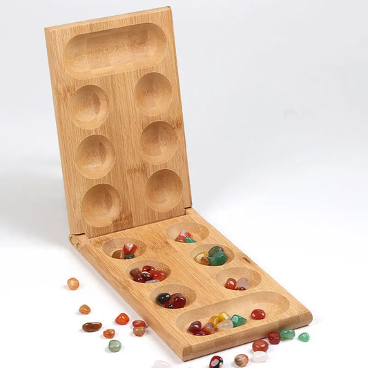 Riverstones & Bamboo Foldable Mancala Board Game - Fun Classic Table Game with Wooden Board for Adults & Kids