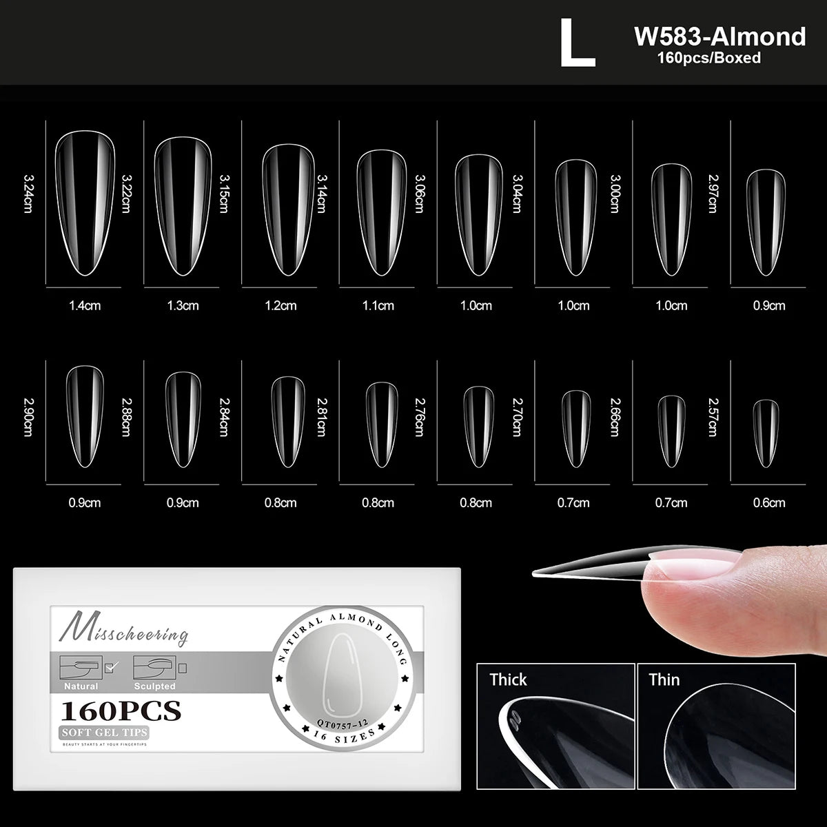 XS-L Nature Soft Gel False Nail Tips Full Cover Press on Almond Capsules Coffin Artificial Glossy Fake Nails Extension 16 Sizes