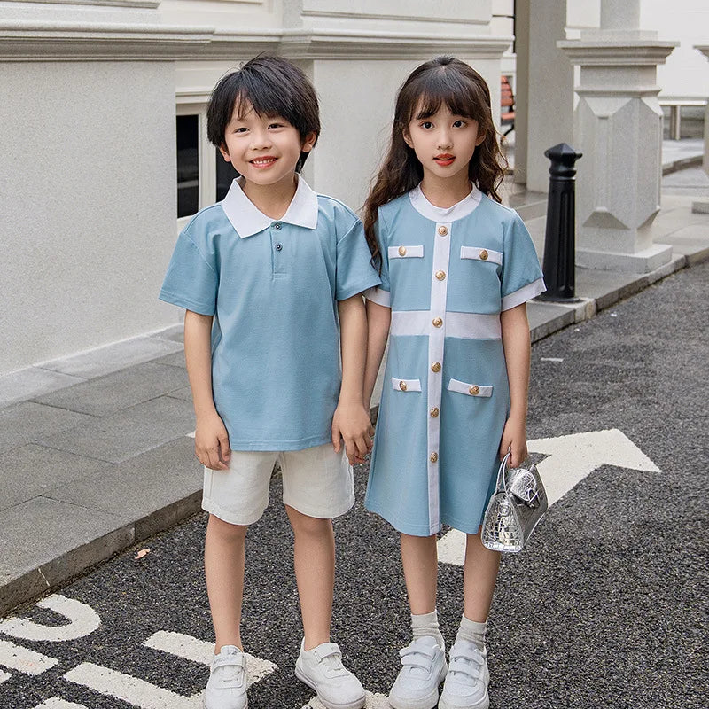 2025 Summer Family Bule Clothes Mother Daughter Matching Dress Father and Son Polo Shirts Shorts Outfits Brother Sister Clothing