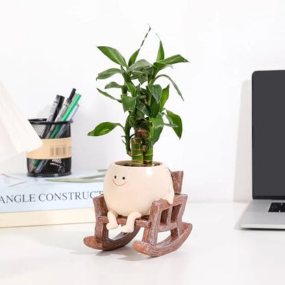 Cute Smiley Face Planter Pots Rocking Chair Resin Planter Pots for Indoor Outdoor Plants with Drainage Hole Unique Gift IdeaI