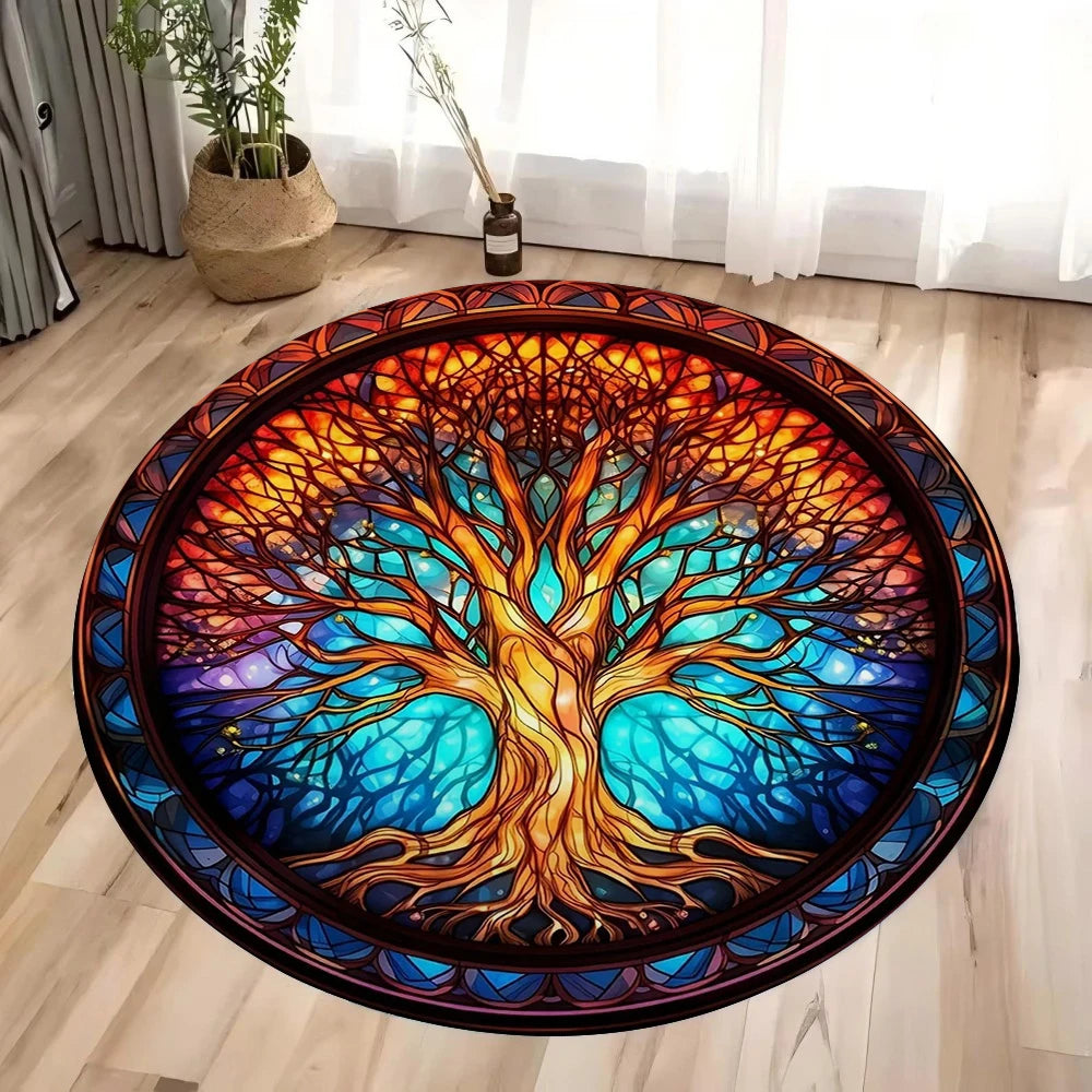 Tree of Life Round Rug Nature Mandala Rug Ancient Spiritual Decor Carpet Meditation Space Rug Washable and Non Slip Floor Mat