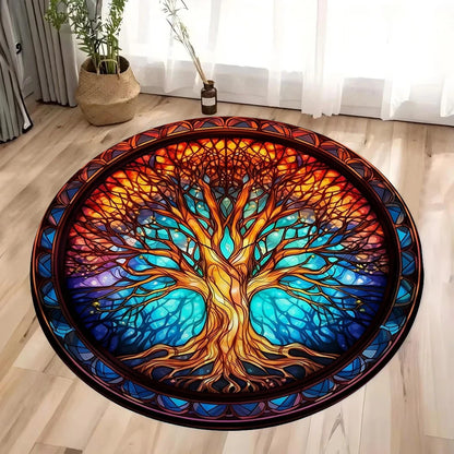 Tree of Life Round Rug Nature Mandala Rug Ancient Spiritual Decor Carpet Meditation Space Rug Washable and Non Slip Floor Mat