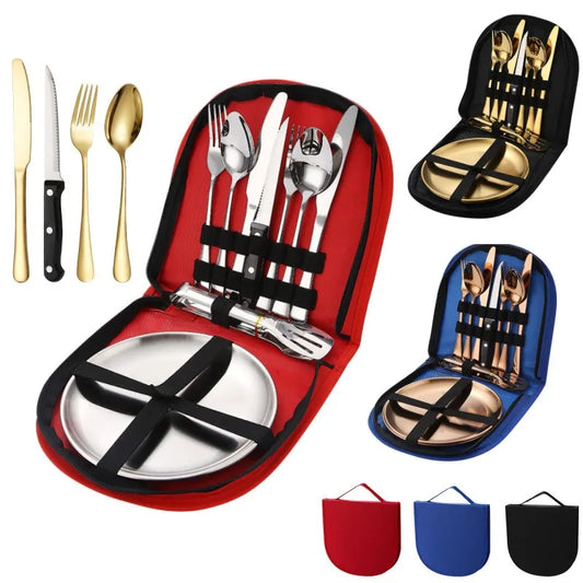 10PCS Camping Cutlery Set Hiking Stainless Steel Plate Spoon Clip and Dinner Knife Outside Portable Cutlery Organiser Picnic Set
