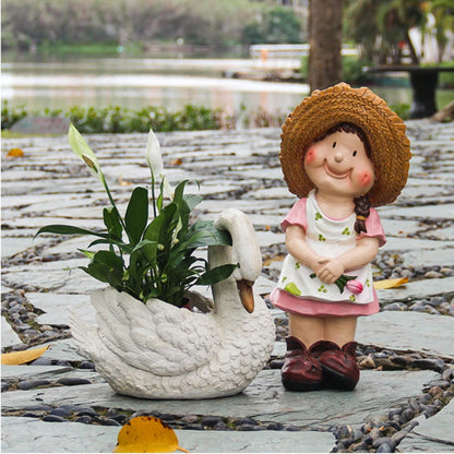 Swan-Shaped Bonsai Planter Animal Theme Garden Pot Roman Pillar Style Decoration Courtyard Landscape Ornament Elegant