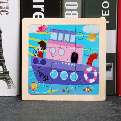 New 9piece Wooden 3d Puzzle Cartoon Animal Vehicle Intelligence Jigsaw Puzzle Game Montessori Educational Toys for Children