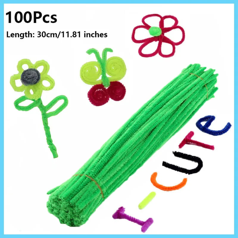 100pcs Colorful Chenille Stems Pipe Cleaners Plush Tinsel Stem Wired Twist Sticks Hair Strip Craft DIY Educational Toys Handmade