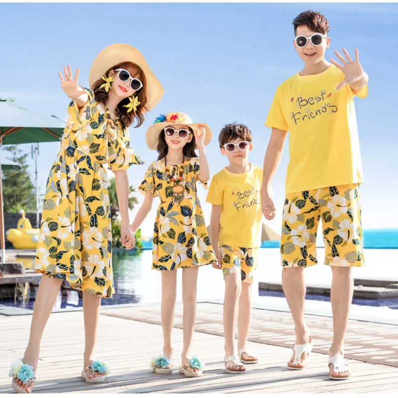 Holiday Family Matching Look Dad Son Resort Tops + Shorts Two Piece Outfit SetsYellow Clothes Mom Daughter Beach Dress Vacation