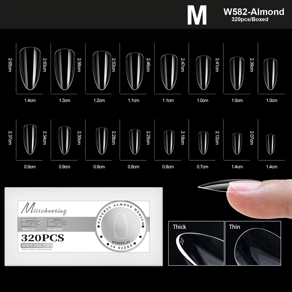 XS-L Nature Soft Gel False Nail Tips Full Cover Press on Almond Capsules Coffin Artificial Glossy Fake Nails Extension 16 Sizes