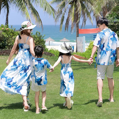 Holiday Resort Family Matching Blue Clothes Vacation Look Daughter Mom Dress Father and Son Beach Tops + Shorts 2 Piece Outfits