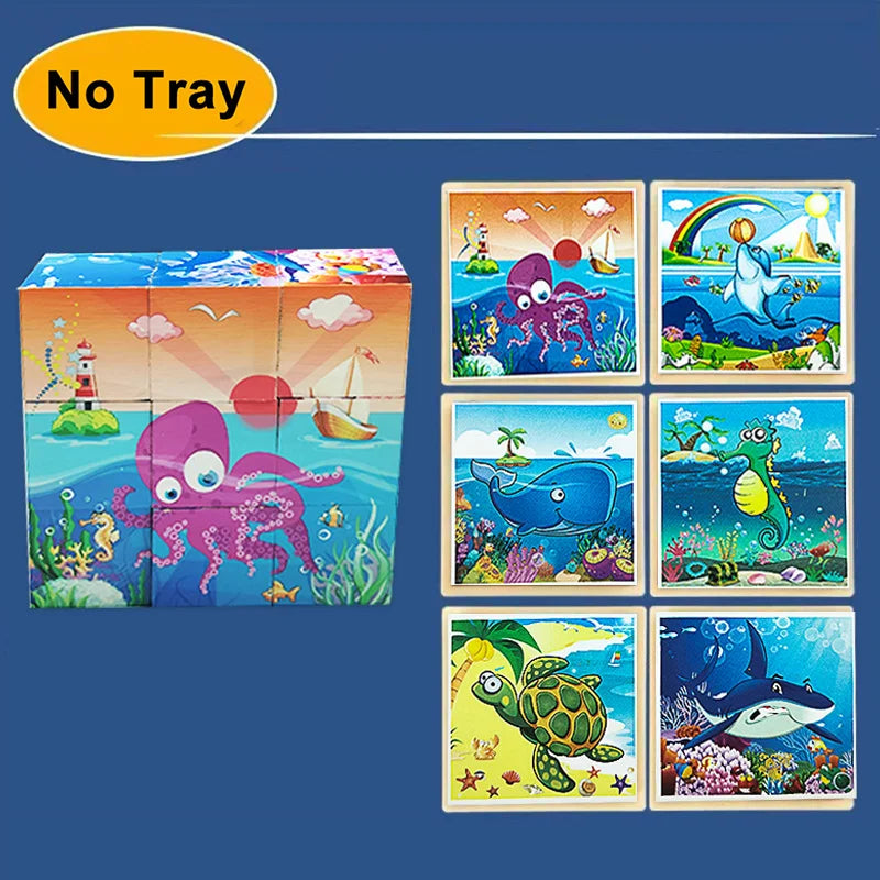3D cube Wooden puzzle children's nine pieces six-sided wooden block tray children's Montessori learning educational puzzle toys