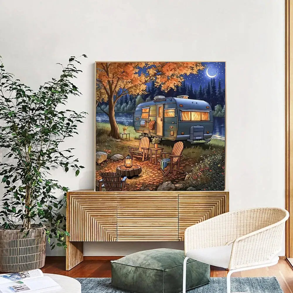 Huacan Diamond Painting Camping Car DIY Diamond Mosaic Moon Landscape New Arrival Kit  Flower Embroidery Decor Craft Kit