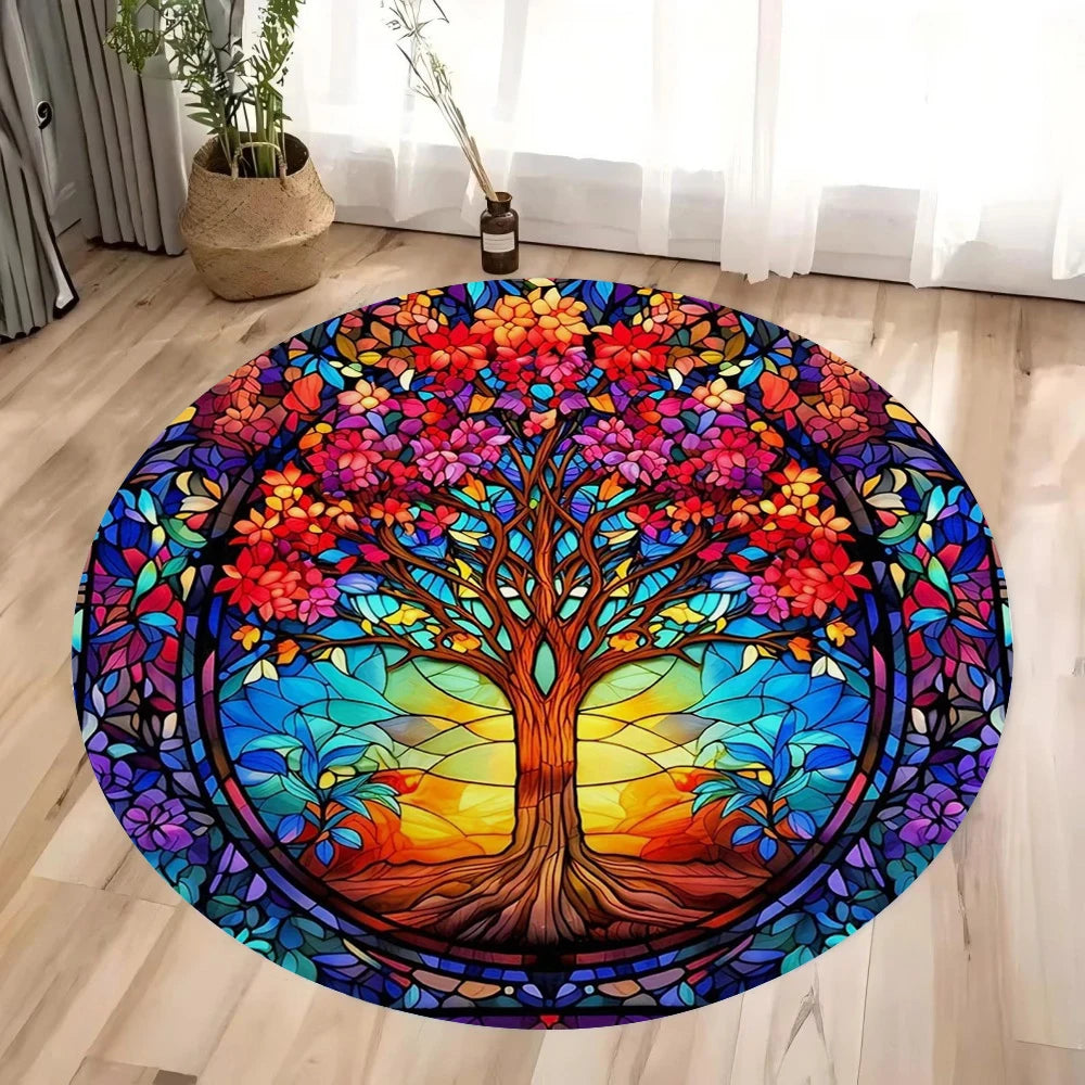 Tree of Life Round Rug Nature Mandala Rug Ancient Spiritual Decor Carpet Meditation Space Rug Washable and Non Slip Floor Mat