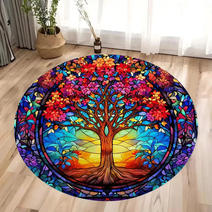 Tree of Life Round Rug Nature Mandala Rug Ancient Spiritual Decor Carpet Meditation Space Rug Washable and Non Slip Floor Mat