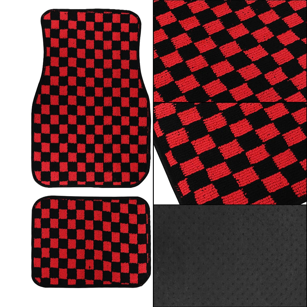 4Pcs JDM Racing  Plush Floor Mat Checkers Vehicle Front Rear Carpets Universal Car Floor Carpet Rugs Non-Slip Car Decoration