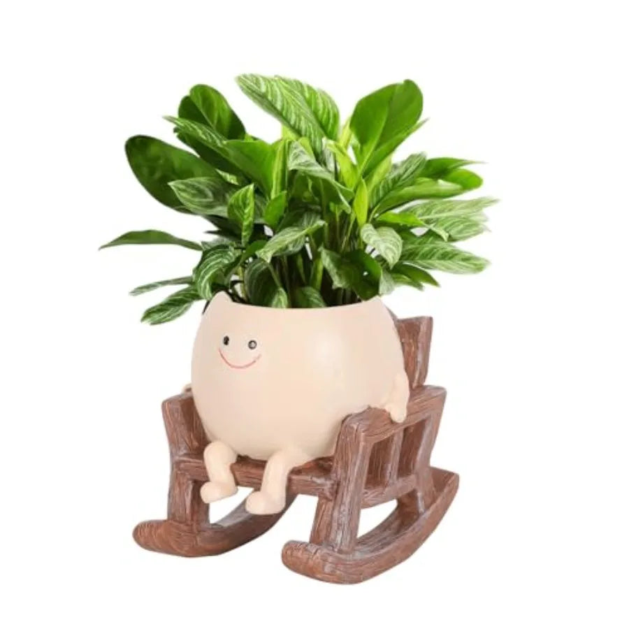 Cute Smiley Face Planter Pots Rocking Chair Resin Planter Pots for Indoor Outdoor Plants with Drainage Hole Unique Gift IdeaI