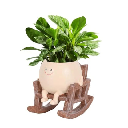 Cute Smiley Face Planter Pots Rocking Chair Resin Planter Pots for Indoor Outdoor Plants with Drainage Hole Unique Gift IdeaI