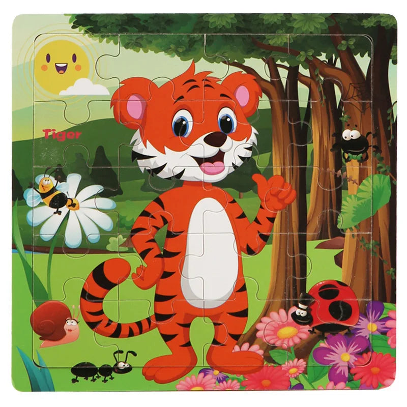 New 20 Piece Wooden 3d Puzzle Cartoon Animal Vehicle Jigsaw Puzzle Montessori Educational Toys For Kids Baby 1 2 3 Years